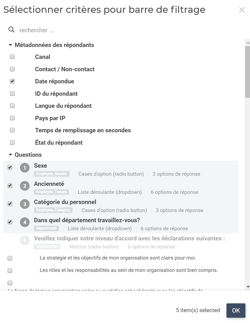 Barre de filtrage critères